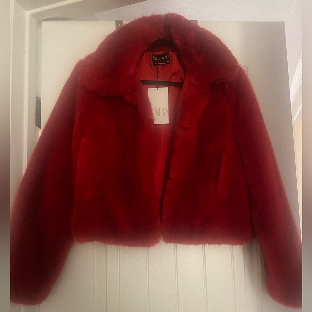 Zara faux red fur jacket
